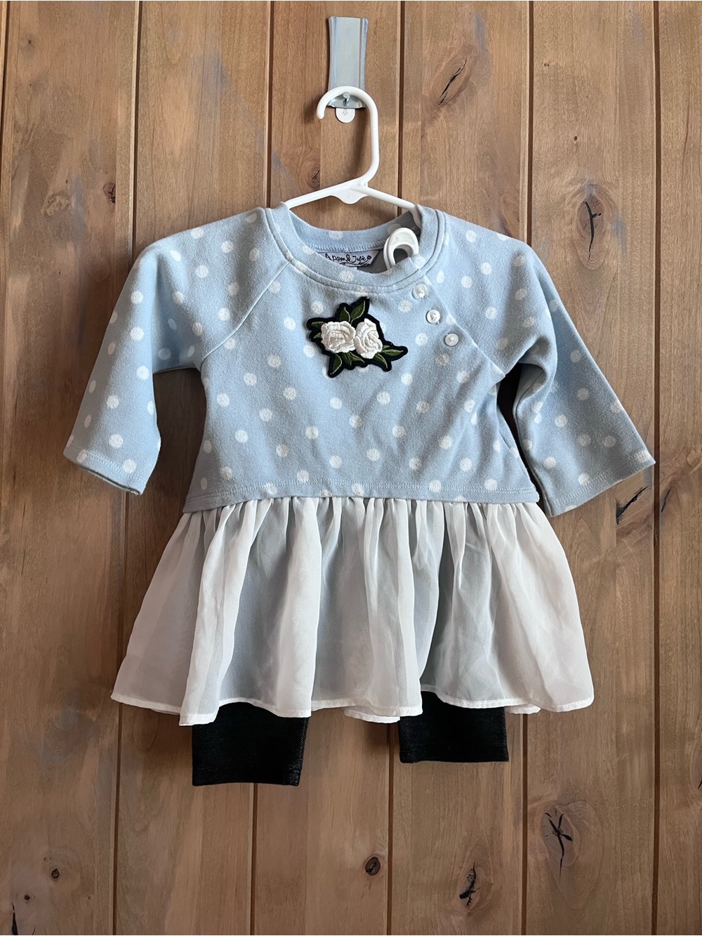 Pippa & Julie Light Blue Polka Dot Tulle  Top with faux Jean leggings - size 12m
